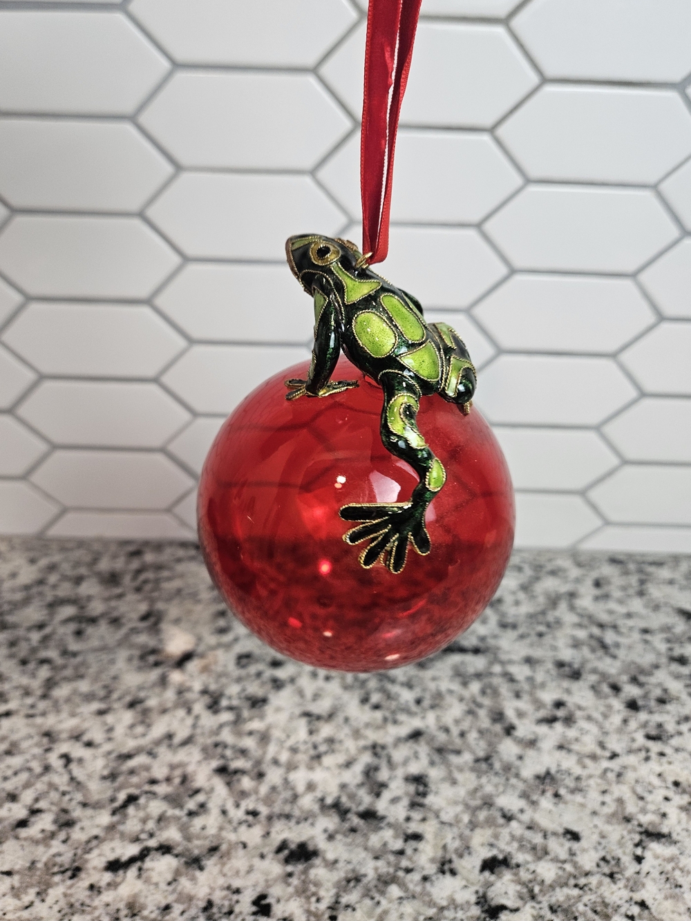 Cloisonne Green Frog Ornament on Red Glass Holiday Ball